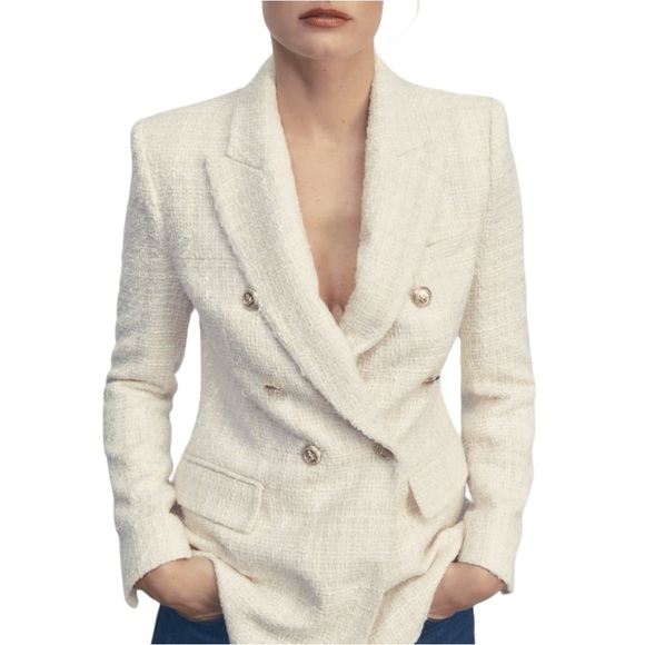 Zara Jackets & Blazers - Zara Double Breasted Embossed Tweed Tailored Fit Ecru White Blazer Jacket
